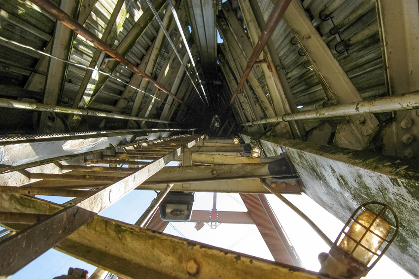 Looking straight up inside the western leg of Sutro Tower