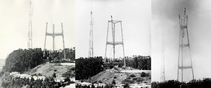 Three photo collage of Sutro Tower under construction