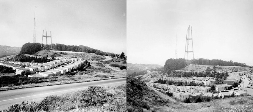 Two photo collage of Sutro Tower under construction